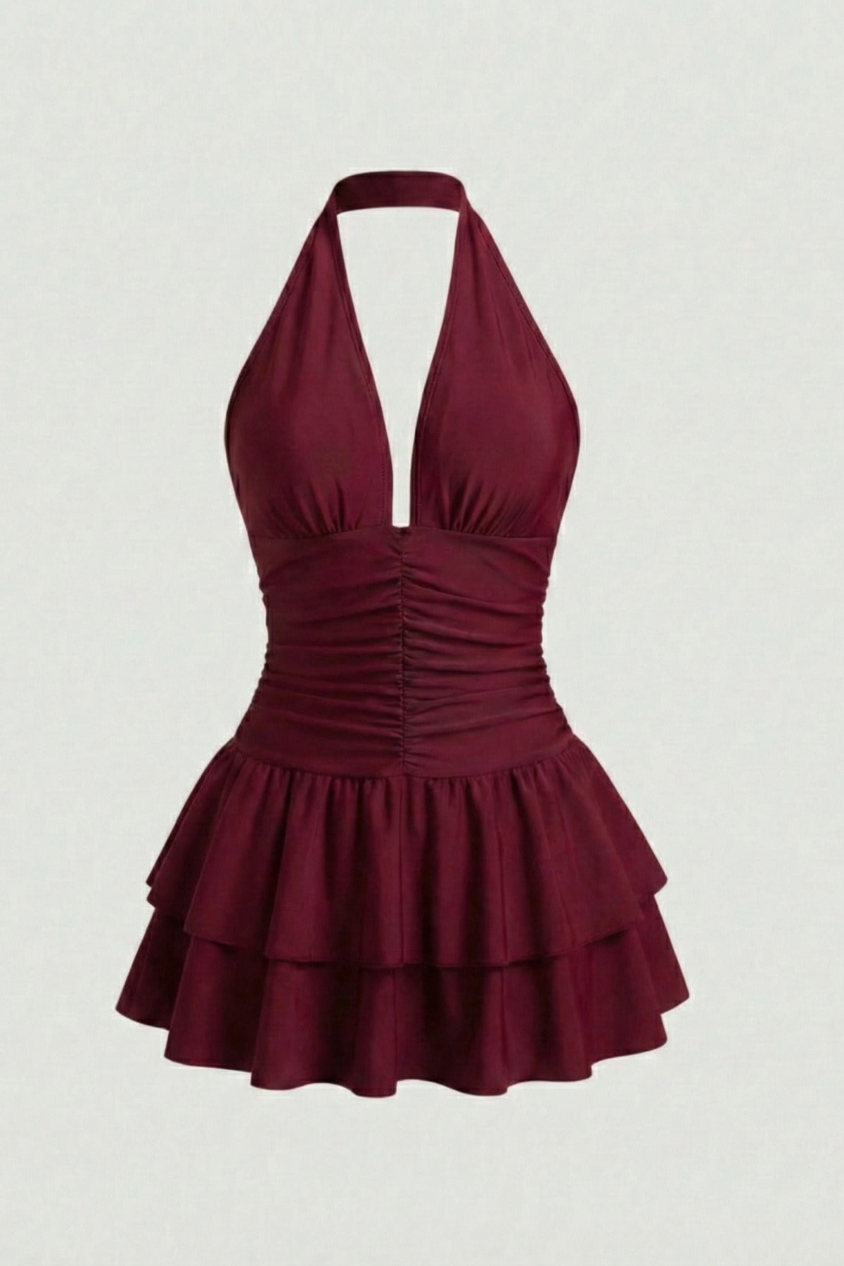 Halter Yaka Eteği Katlı Party Mini Elbise - Bordo - Görsel 4