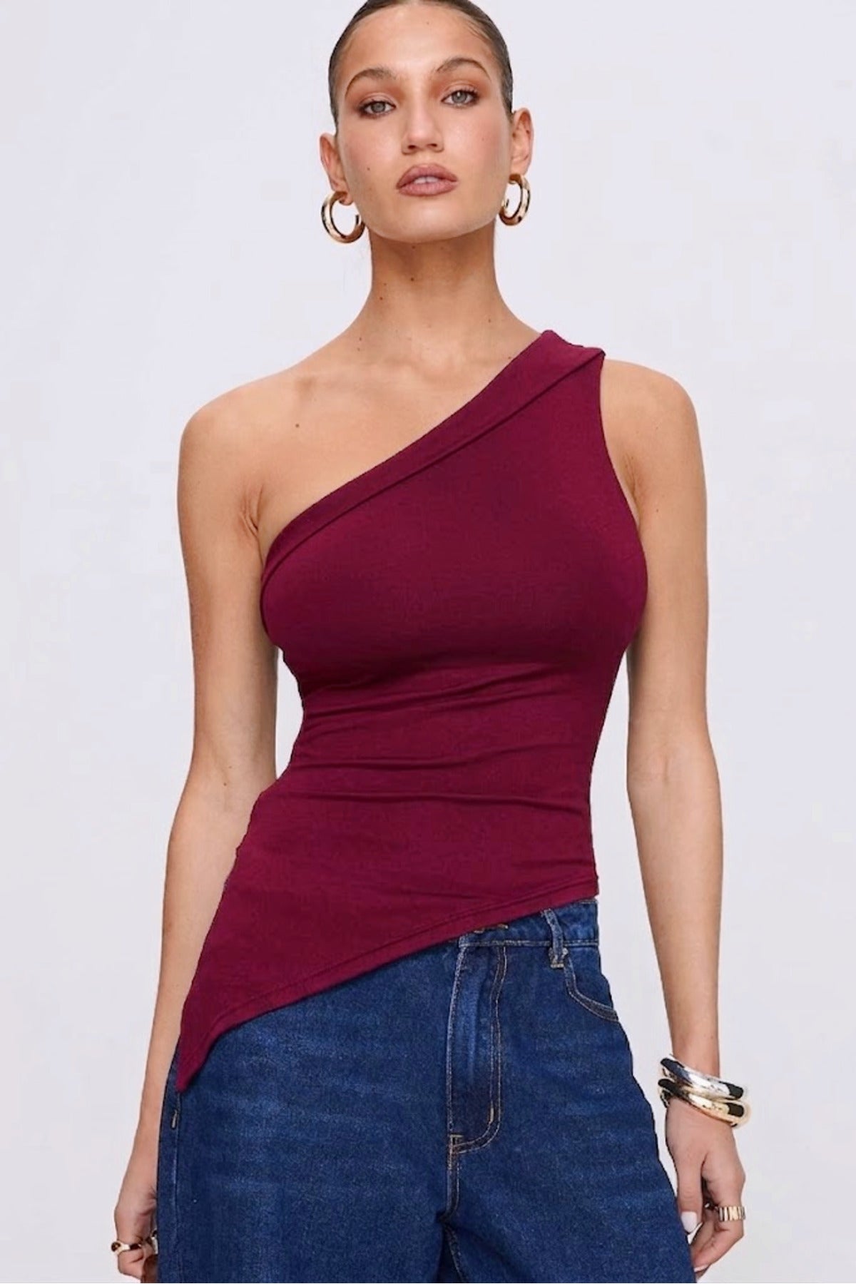 5058 ASİMETRİK ESNEK CROP TOP BLUZ - Bordo - Görsel 2