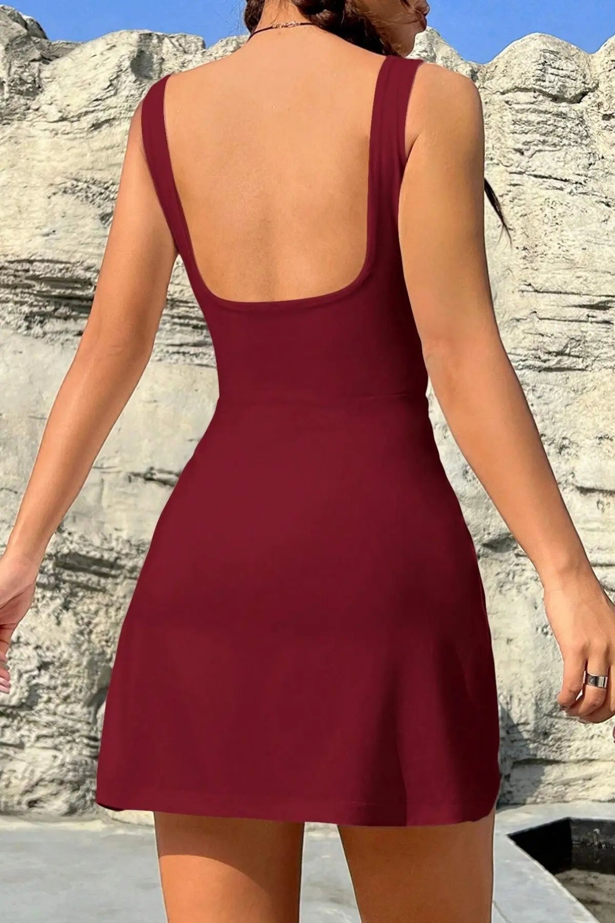Askılı Kare Yaka Şortlu Mini Elbise - Bordo - Görsel 2