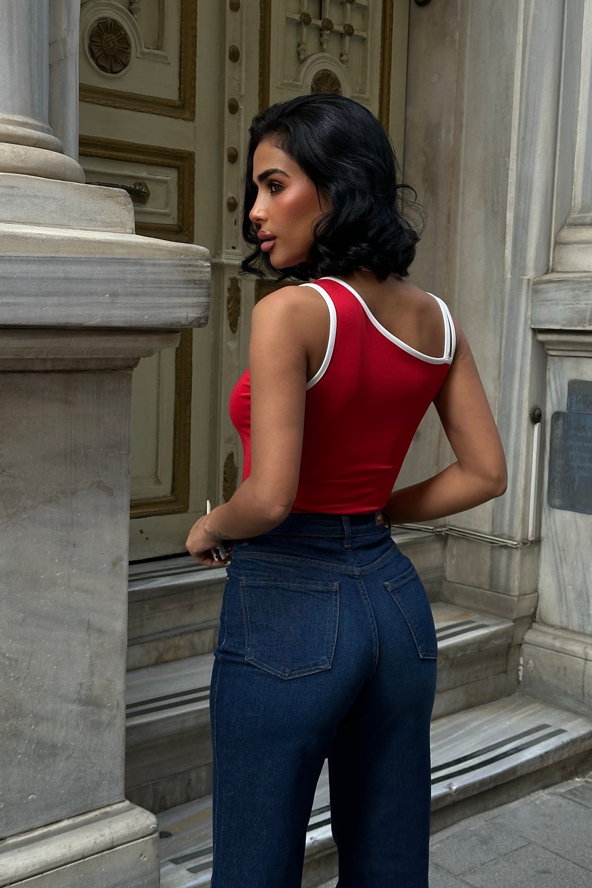Tek Omuz Çift Askılı Esnek Crop Bluz - KIRMIZI - Görsel 2