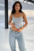 Askılı Toparlayıcı Kaşkorse Esnek Crop Top Bluz - Gri - Görsel 1