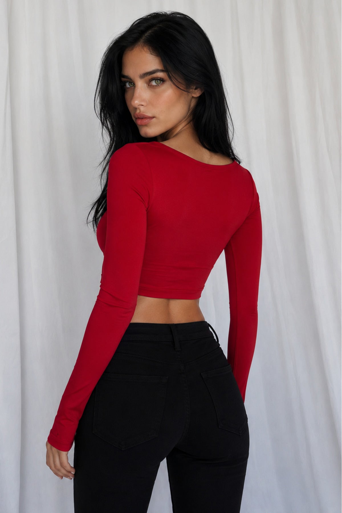 WFT5057 BÜZGÜLÜ UZUN KOLLU ESNEK CROP BLUZ - Kırmızı - Görsel 2