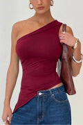 5058 ASİMETRİK ESNEK CROP TOP BLUZ - Bordo - Görsel 1