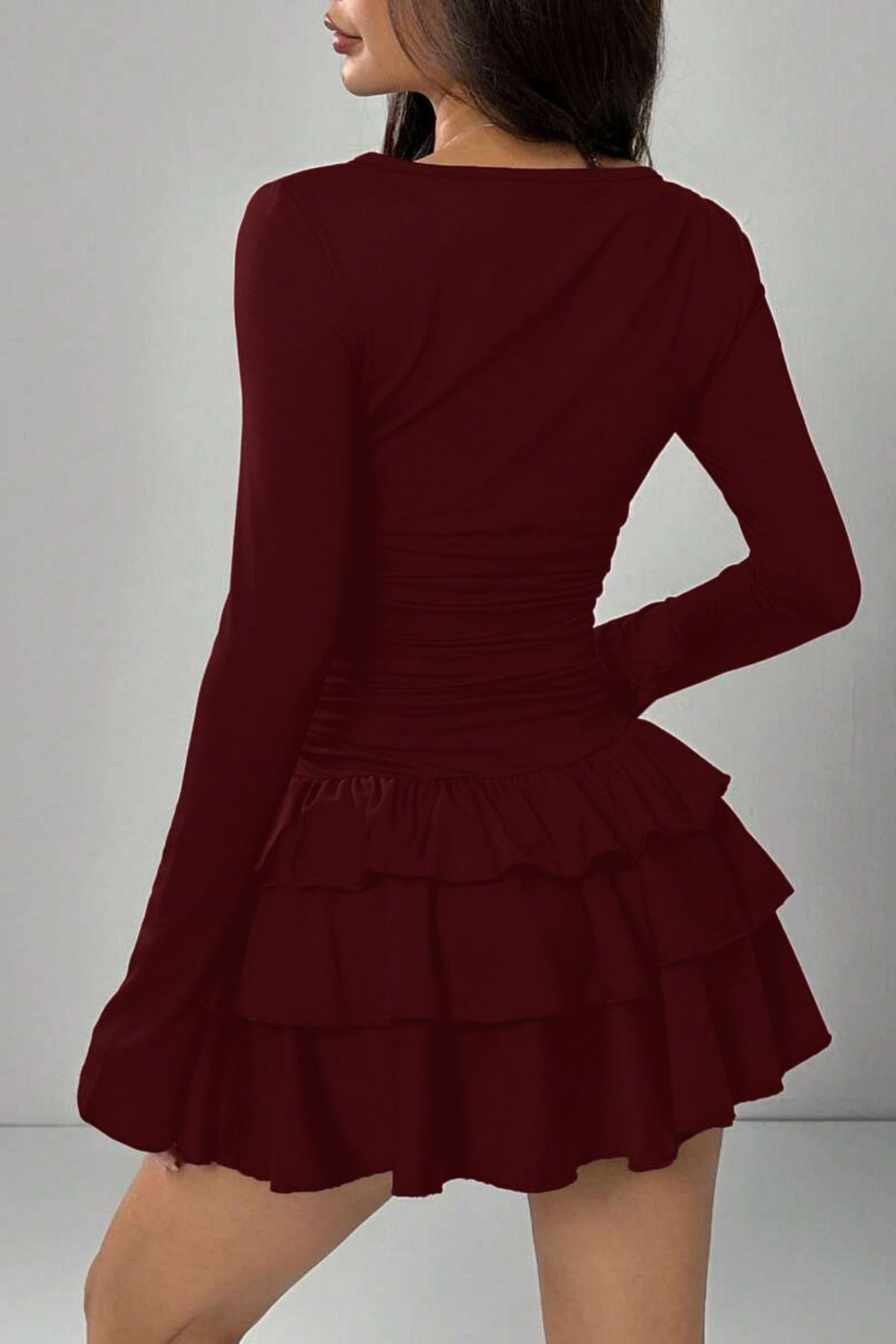 Eteği Kat Kat Volanlı Mini Elbise - Bordo - Görsel 4