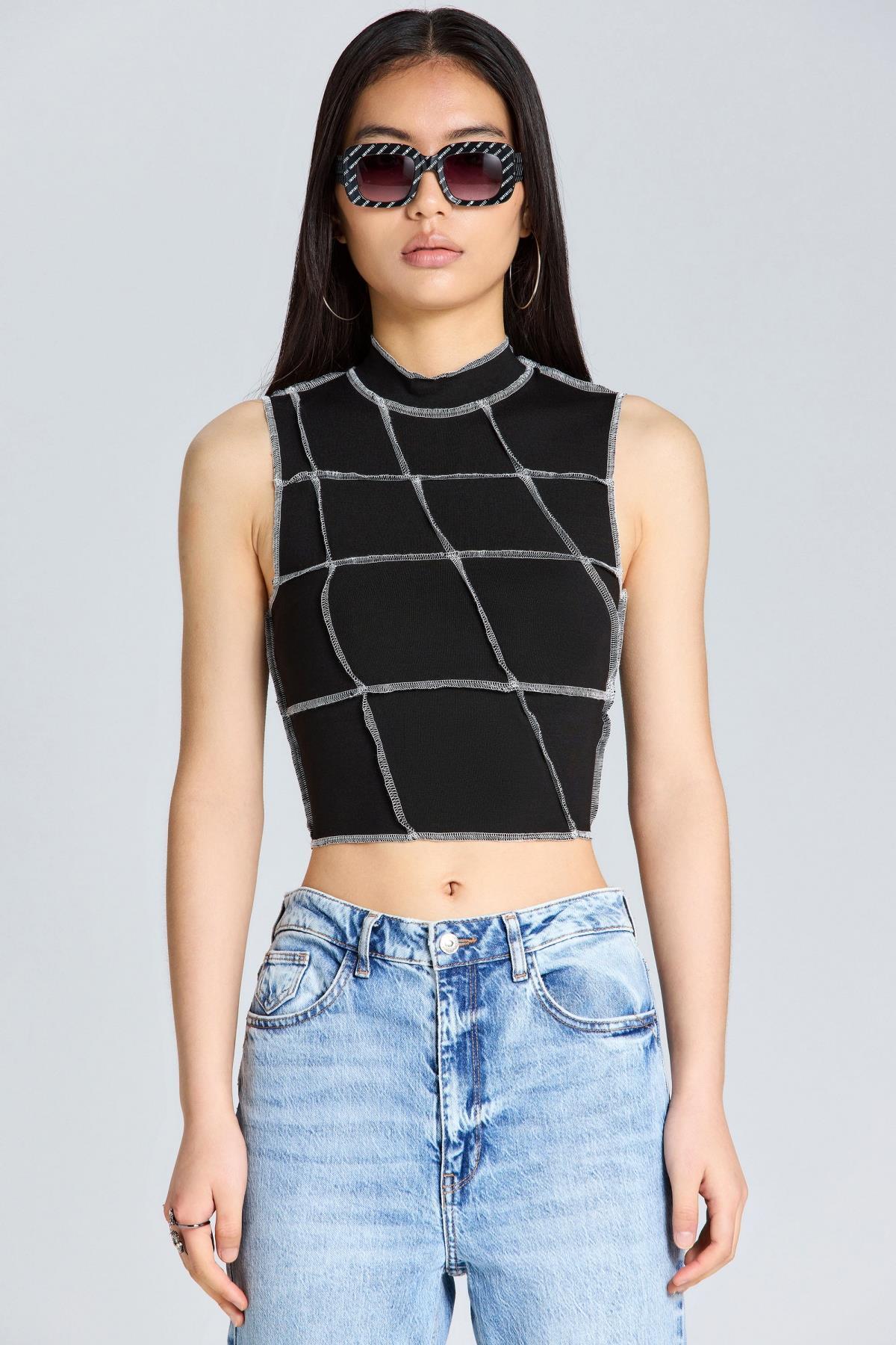 1545 Çok Parçalı Crop Bluz - Siyah - Görsel 1