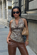9068 Boynu İpli Eteği Asimetrik Degaje Crop Bluz - Leopar - Görsel 1