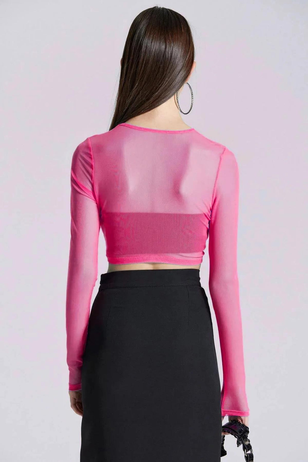 2476 Uzun Kollu Tül Bluz - Pembe - Görsel 2