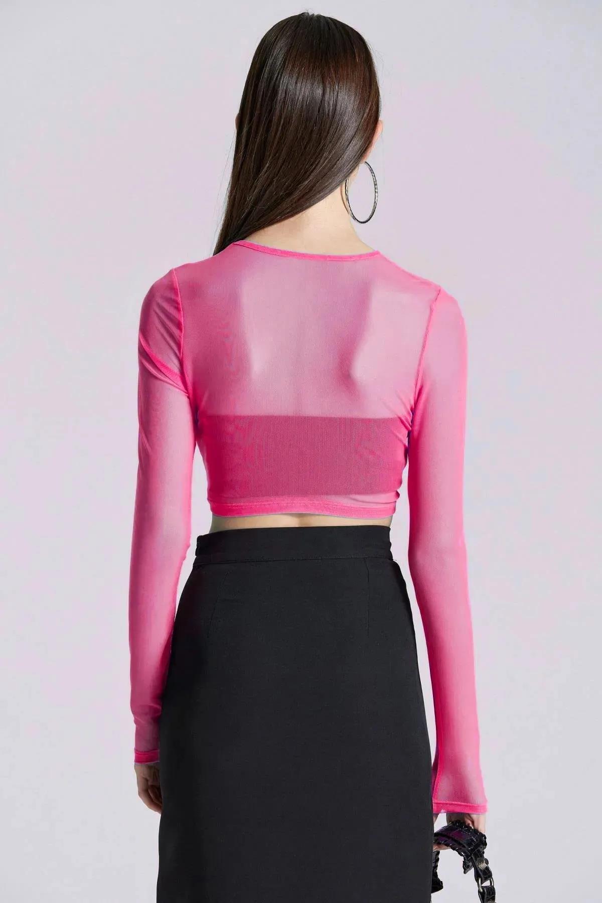 2476 Uzun Kollu Tül Bluz - Pembe - Görsel 2