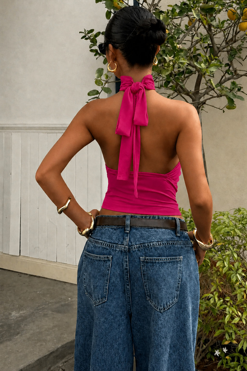 Bele Oturan Bağcıklı Esnek Crop top bluz - Fuşya - Görsel 2