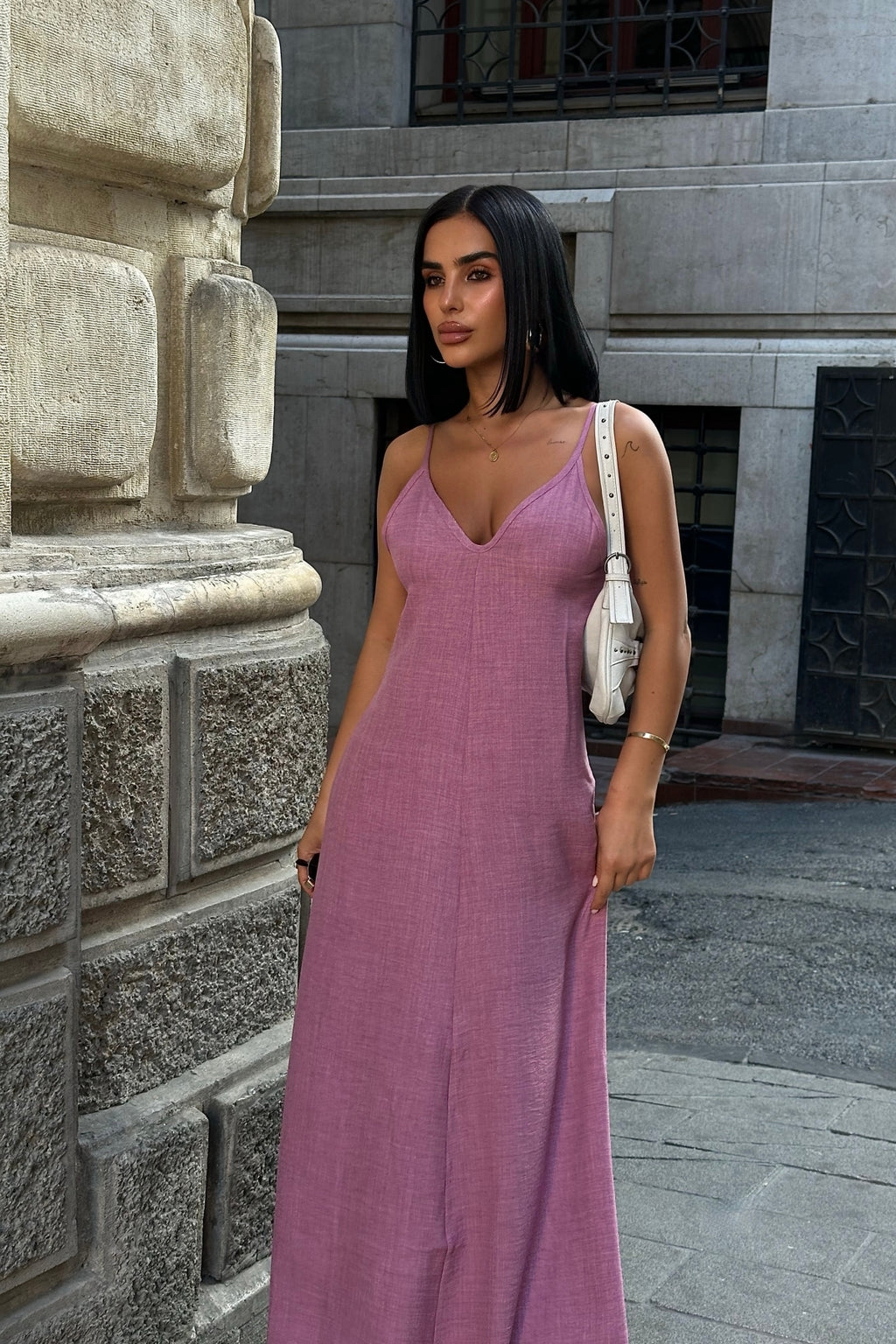 Look Kumaş Ayarlanabilir Askılı Uzun Elbise - Pembe - Görsel 3