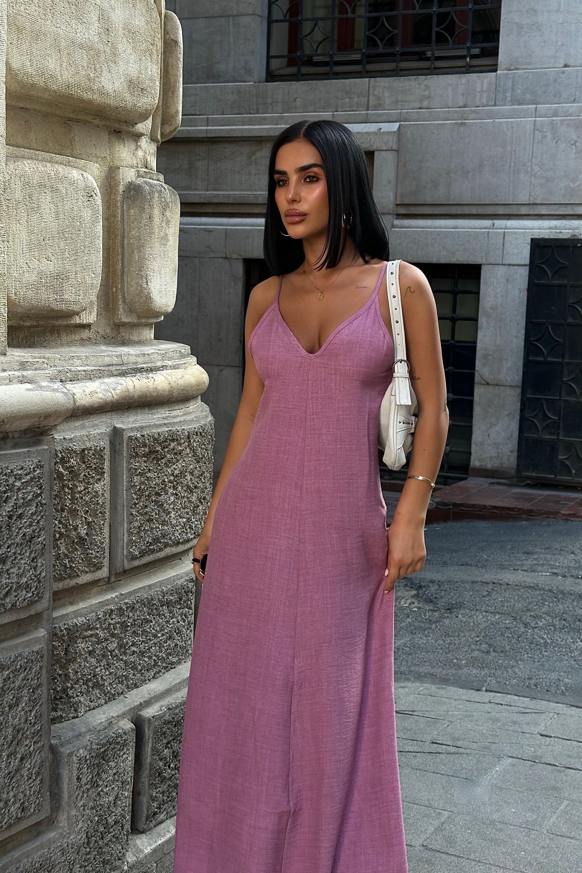 Look Kumaş Ayarlanabilir Askılı Uzun Elbise - Pembe - Görsel 3