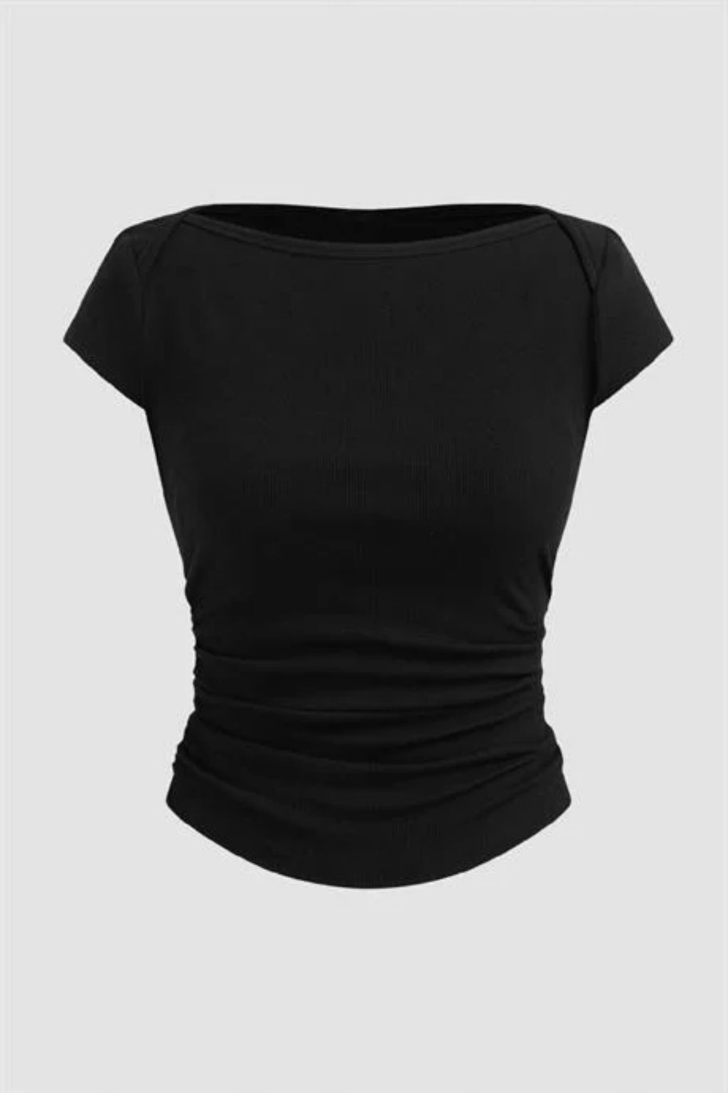 Siyah Fitilli Kısa Kollu Yanları Büzgülü Crop Top - Siyah - Görsel 5