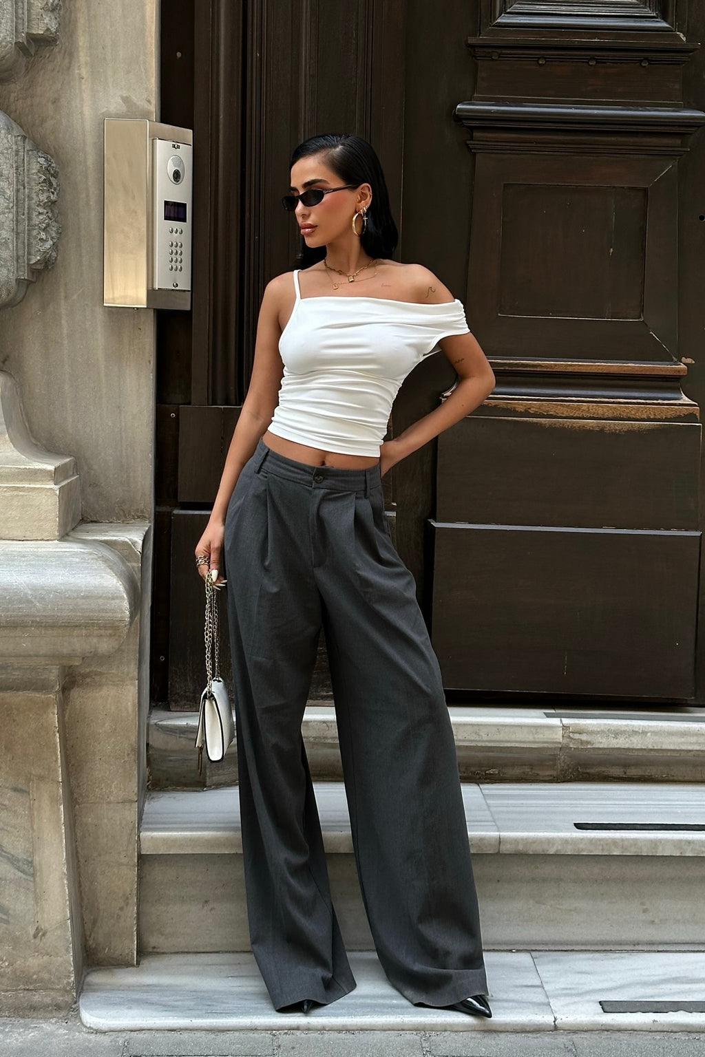 WFT8004 ASİMETRİK VOLANLI ESNEK CROP TOP - Ekru - Görsel 5