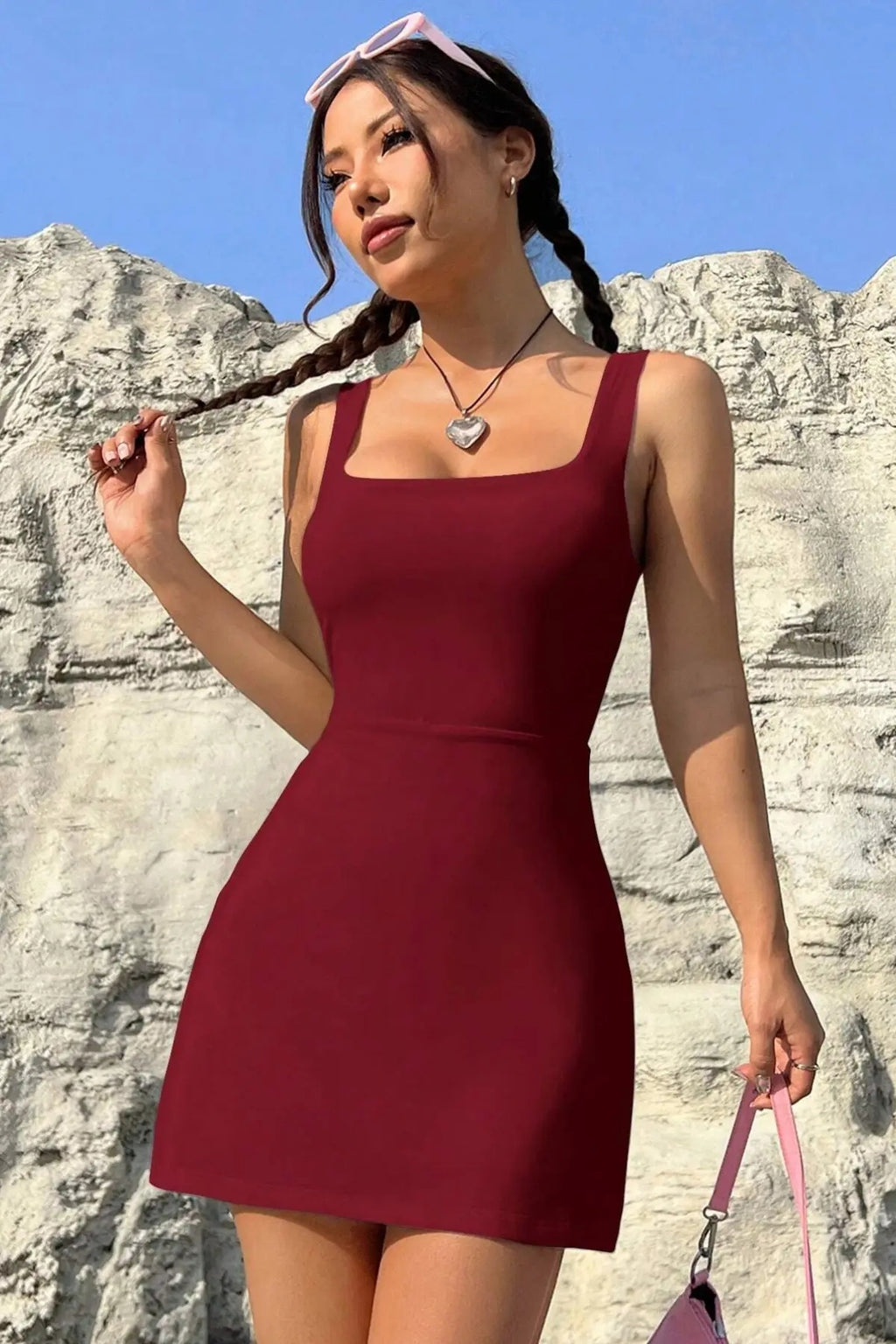 Askılı Kare Yaka Şortlu Mini Elbise - Bordo - Görsel 5
