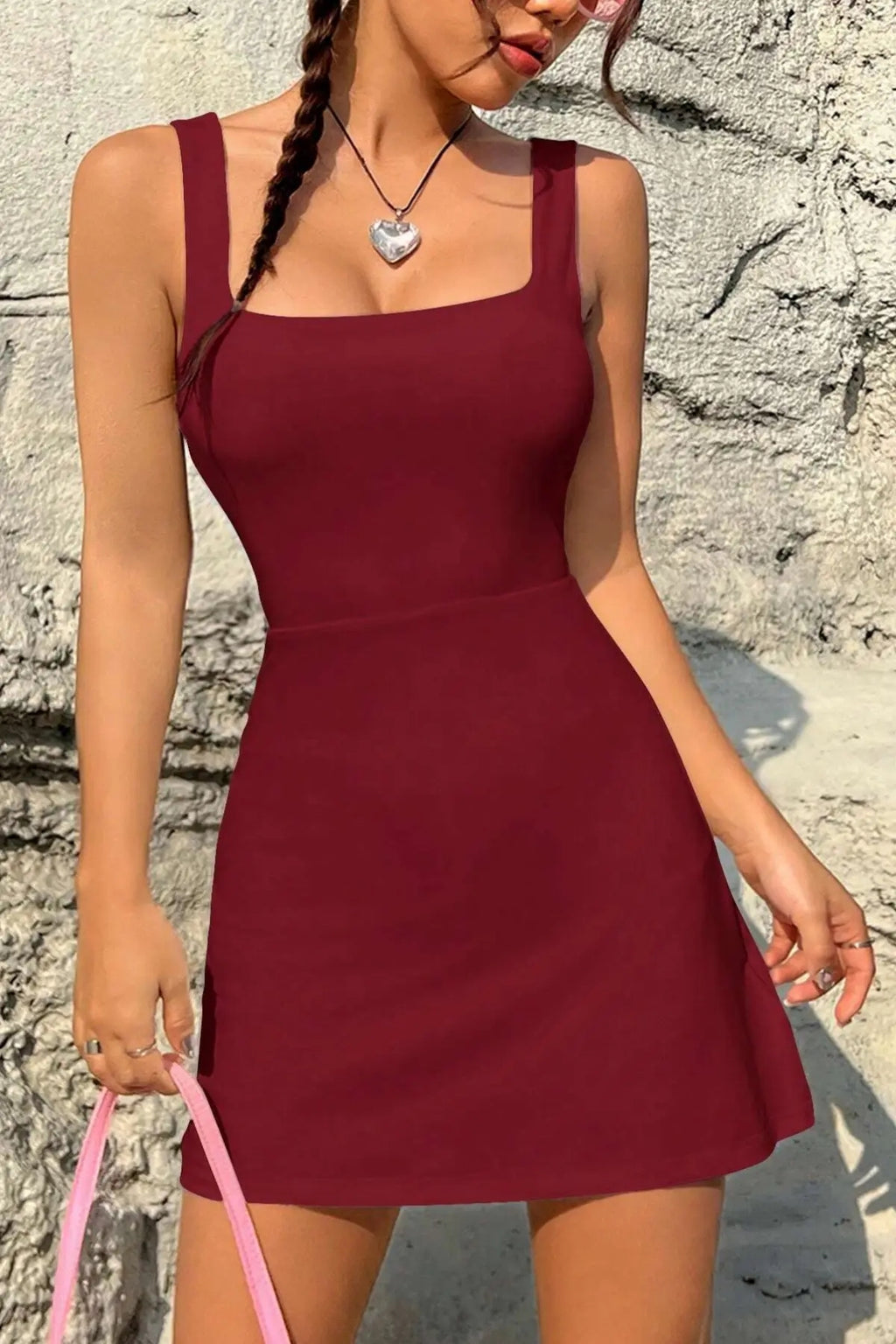 Askılı Kare Yaka Şortlu Mini Elbise - Bordo - Görsel 4