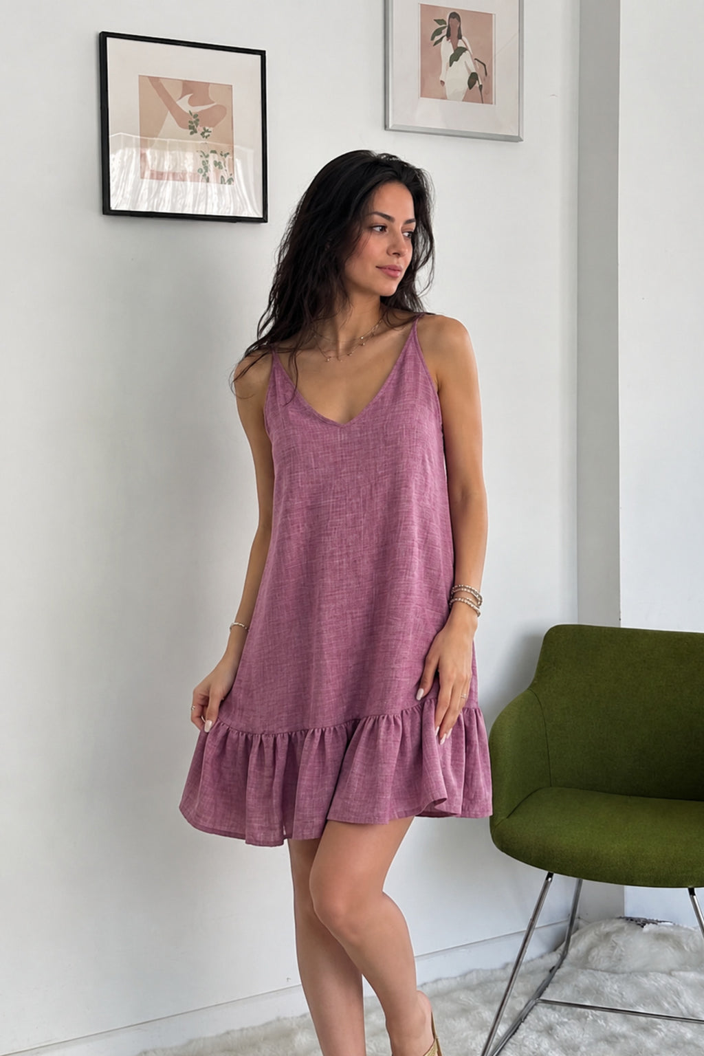 KETEN Look Kumaş DEKOLTESİ Ayarlanabilir Askılı DOKUMA Elbise - Pembe - Görsel 2