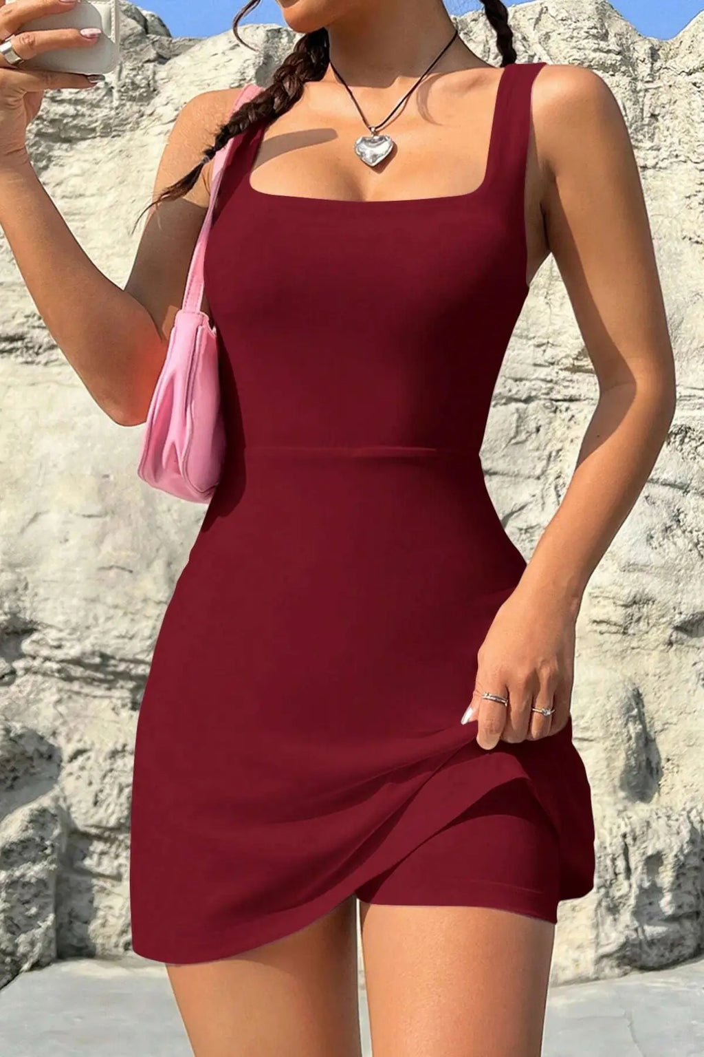 Askılı Kare Yaka Şortlu Mini Elbise - Bordo - Görsel 1