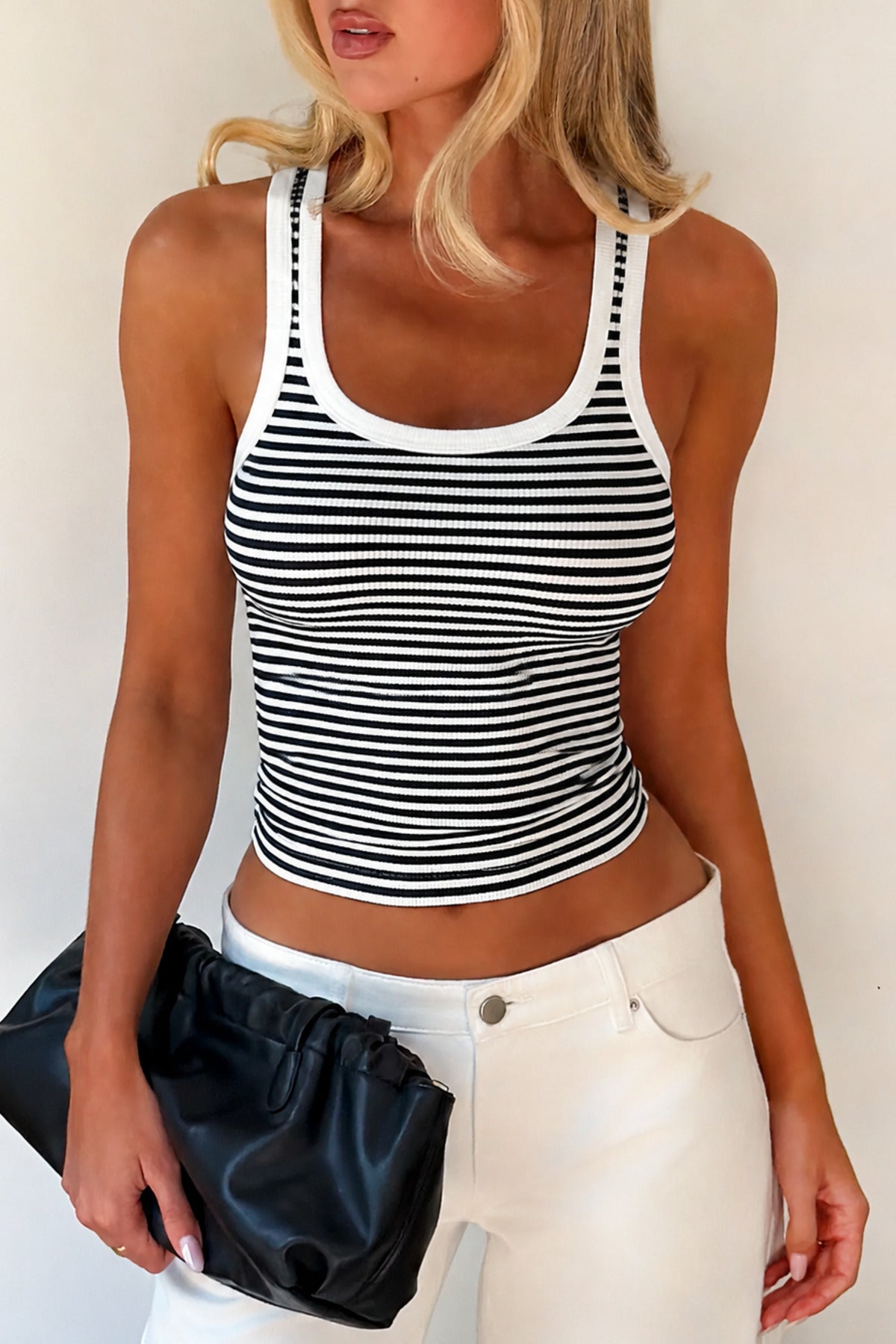 %95 PAMUK FİTİLLİ ESNEK CROP TOP BLUZ - Siyah/Beyaz - Görsel 1