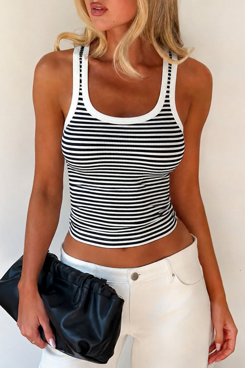 %95 PAMUK FİTİLLİ ESNEK CROP TOP BLUZ - Siyah/Beyaz - Görsel 1