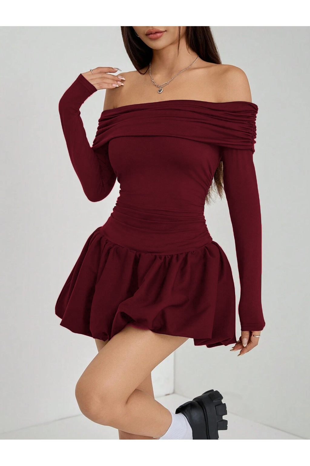Madonna Yaka Balon Etek Mini Elbise - Bordo - Görsel 3