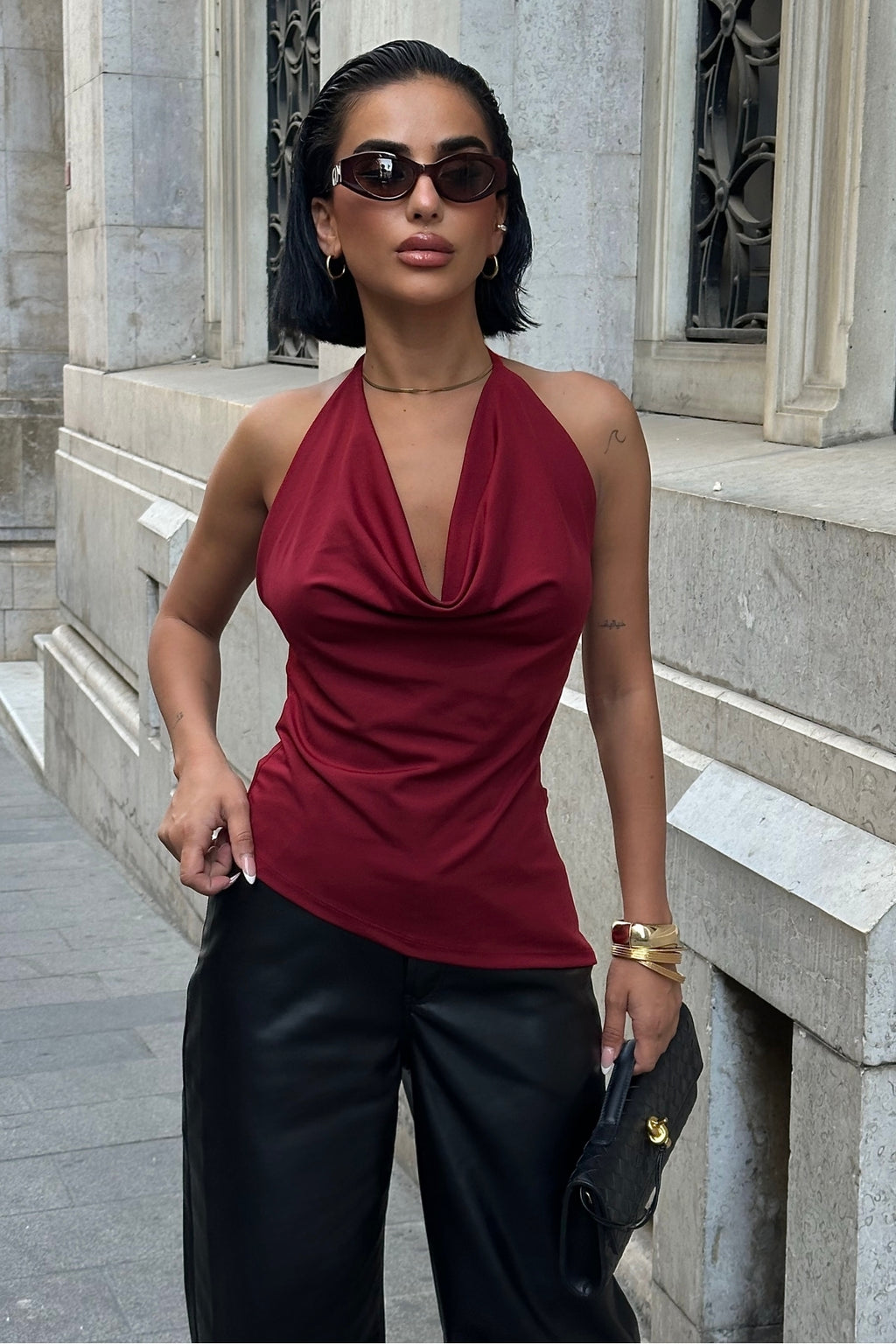 9068 Boynu İpli Eteği Asimetrik Degaje Crop Bluz - Bordo - Görsel 5