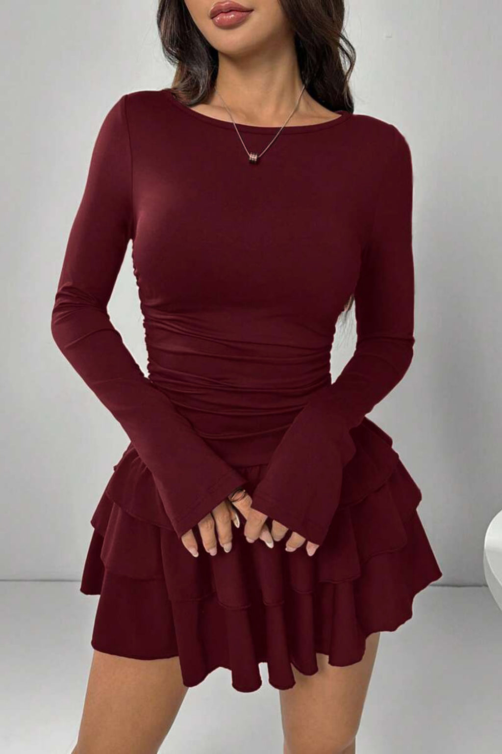 Eteği Kat Kat Volanlı Mini Elbise - Bordo - Görsel 2