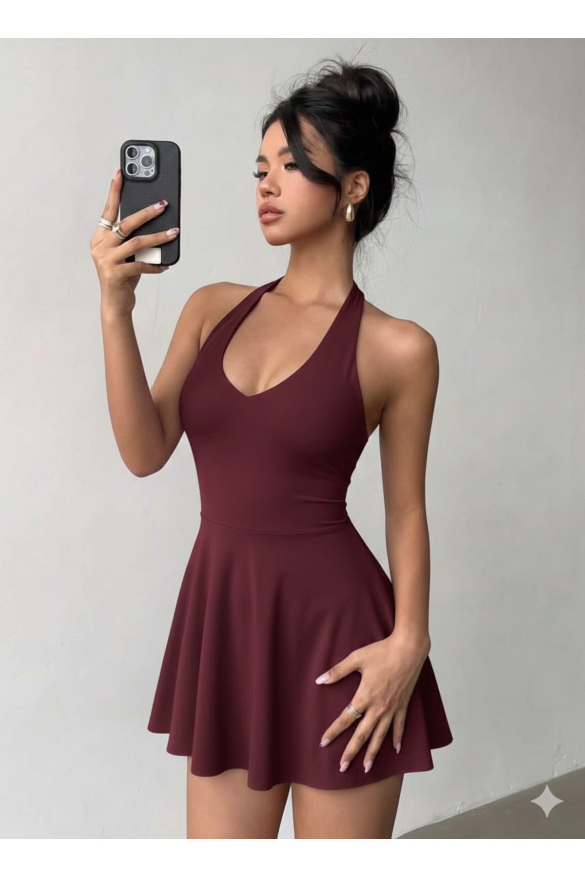 Halter Yaka Önü Çift Kat Şortlu Toparlayıcı Elbise - Bordo - Görsel 4