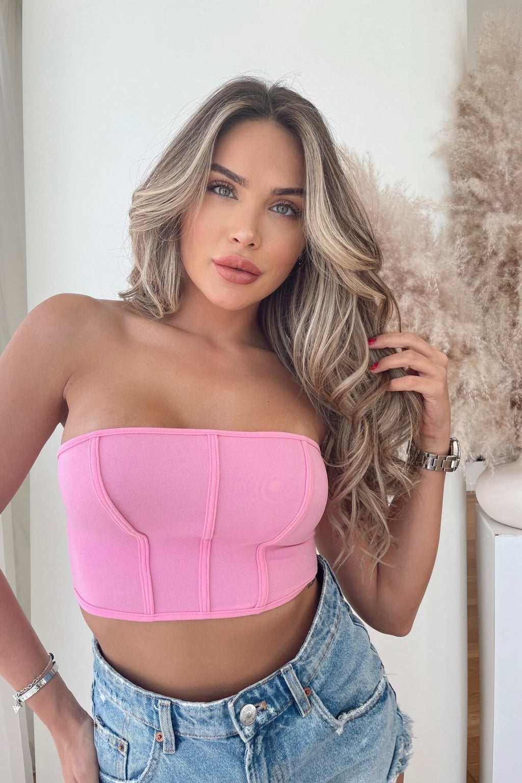 1732 Arkası Fermuarlı Crop Bluz - Pembe - Görsel 7