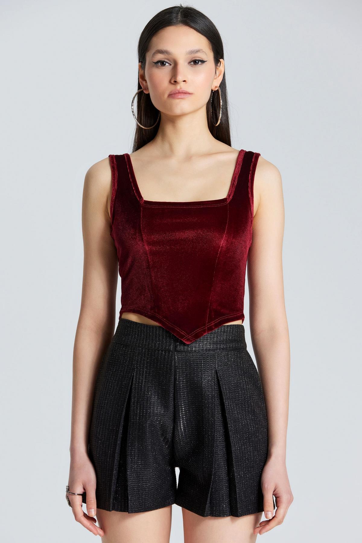 1847 Kare Yaka Askılı Kadife Bluz - Bordo - Görsel 1
