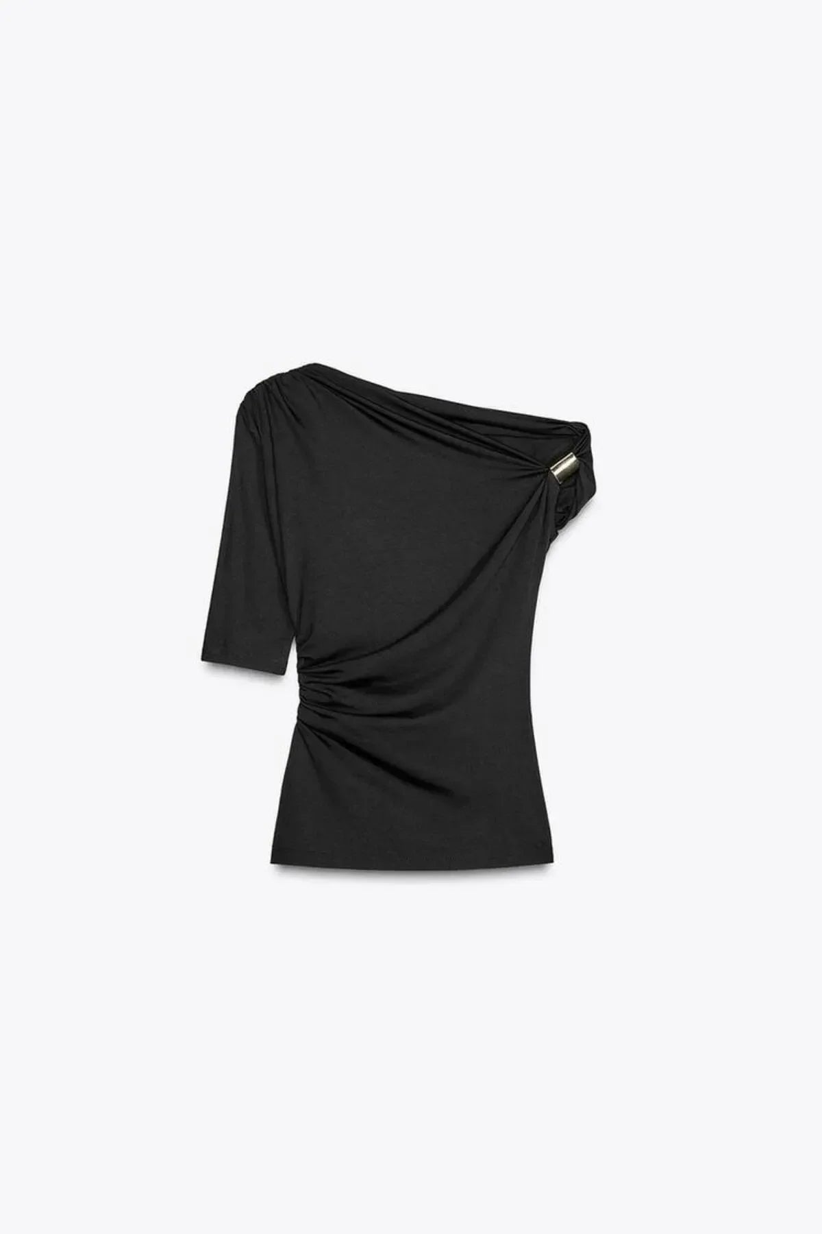 5044 TEK OMZU AKSESUARLI ESNEK CROP BLUZ - Siyah - Görsel 2