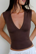 V Yaka Esnek Crop Top Bluz WFT8070B - Kahverengi - Görsel 1