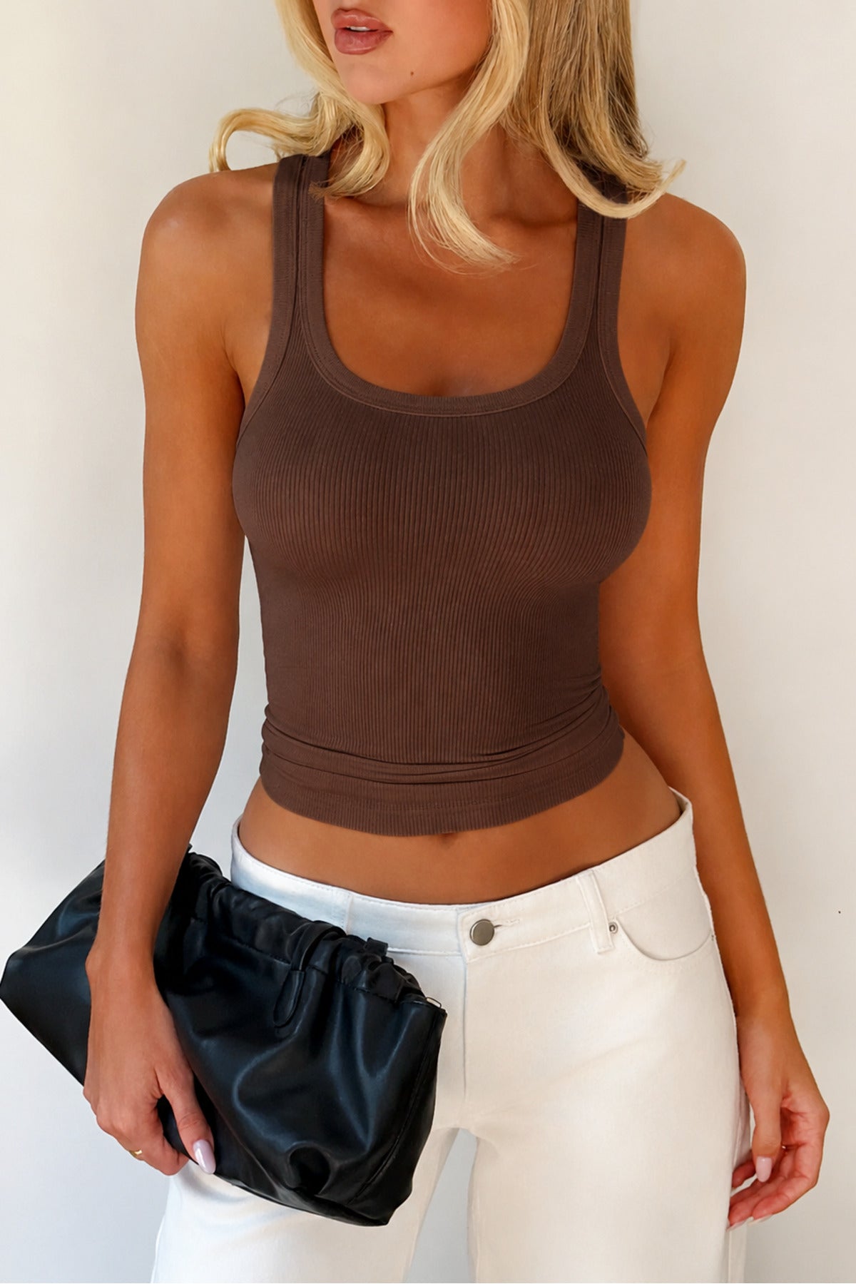 %100 PAMUK FİTİLLİ ESNEK CROP TOP BLUZ - Kahverengi - Görsel 1