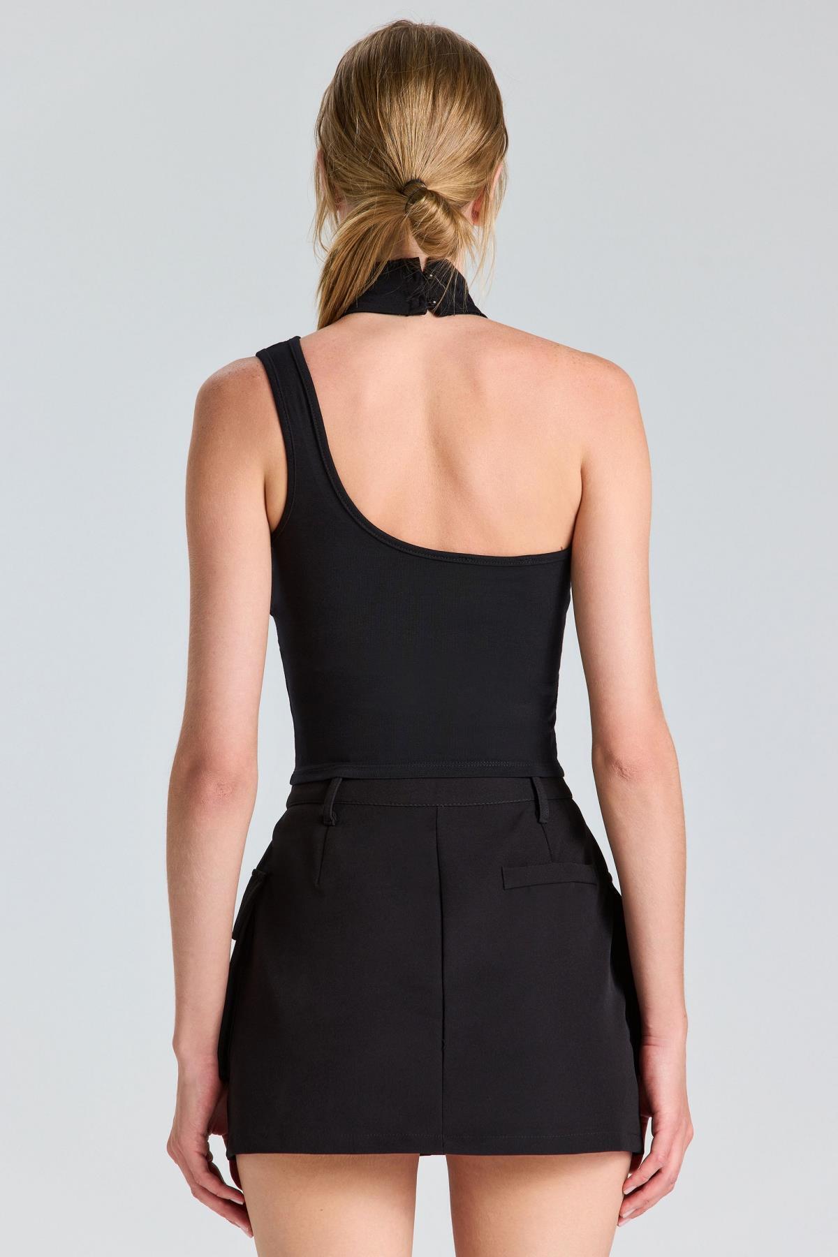 1741 Düğme Detaylı Crop Bluz - Siyah - Görsel 2
