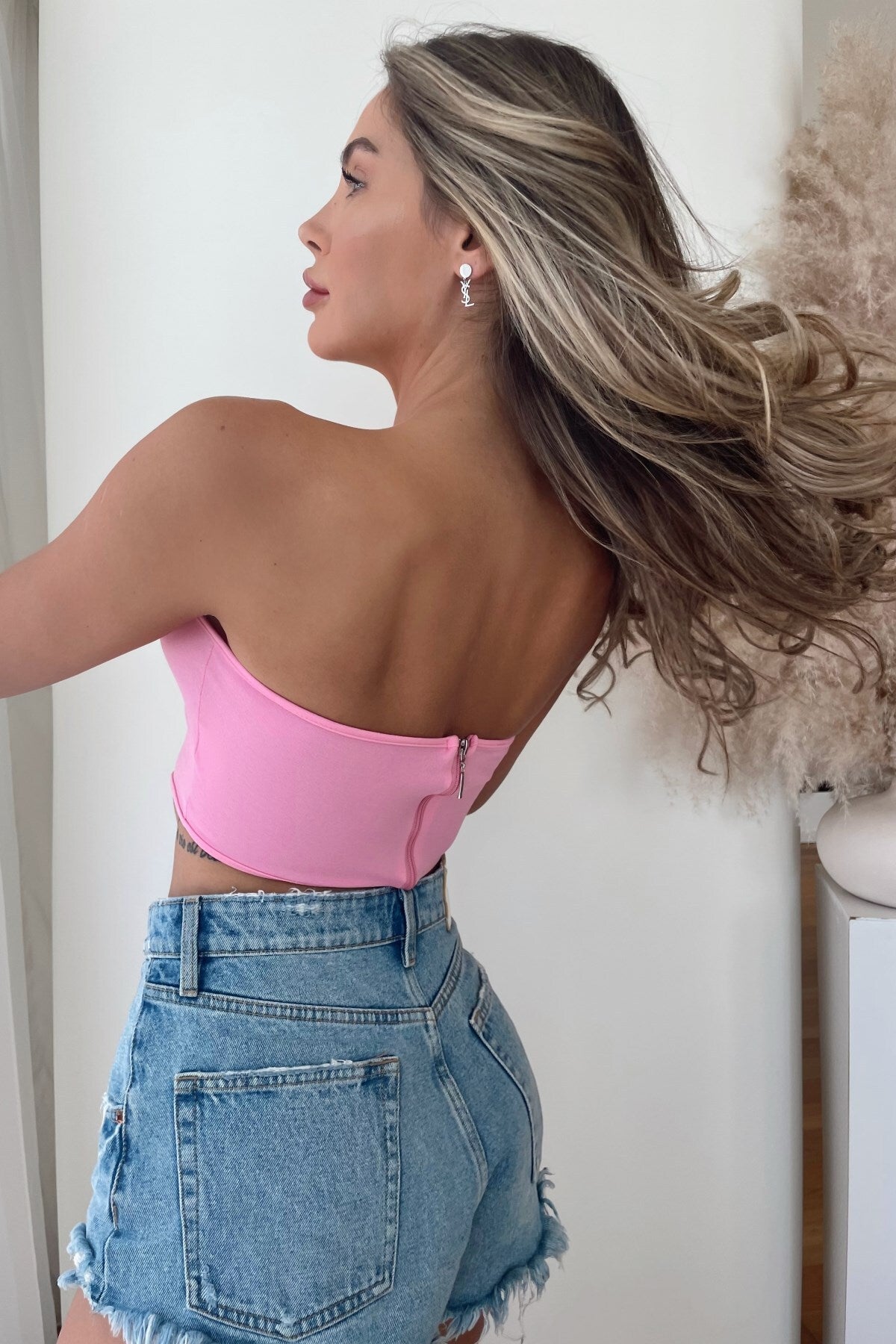 1732 Arkası Fermuarlı Crop Bluz - Pembe - Görsel 3