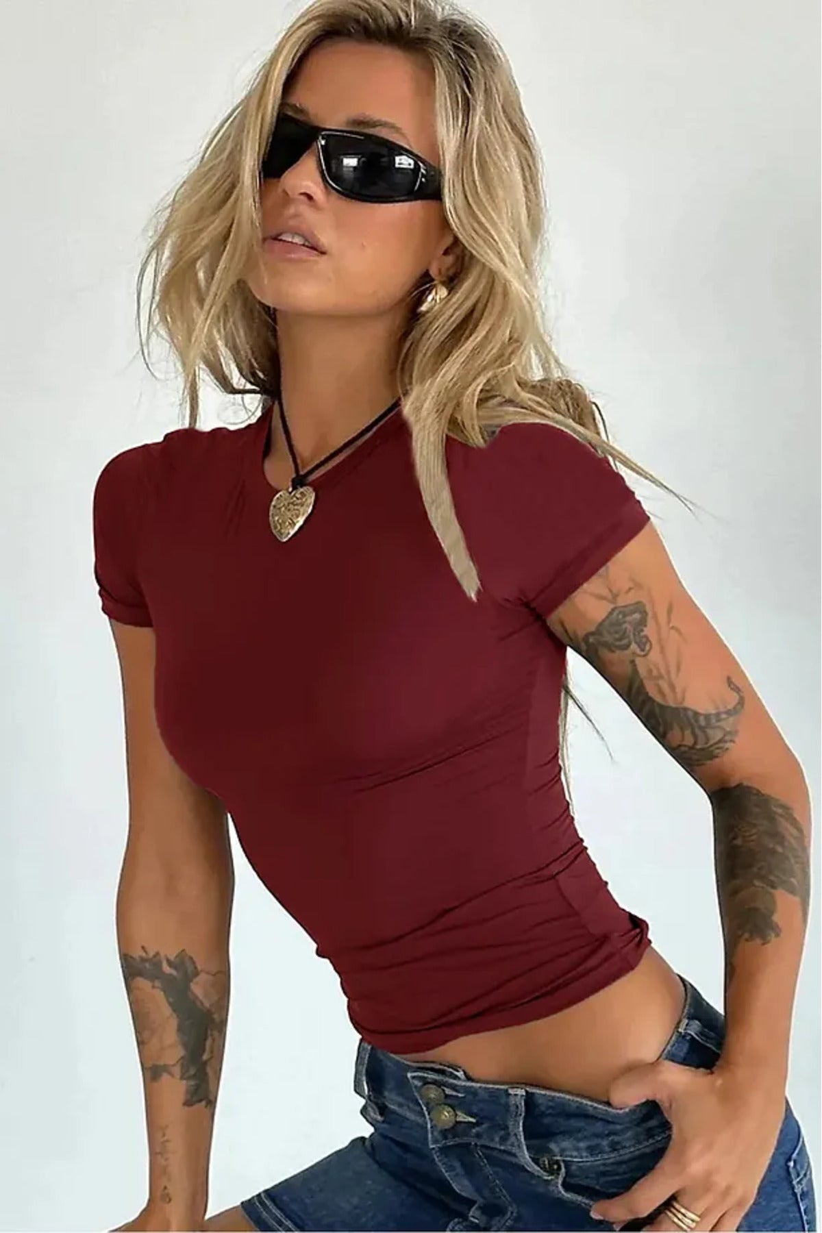 Bisiklet Yaka Basic Kısa Kollu Esnek Body - BORDO - Görsel 1
