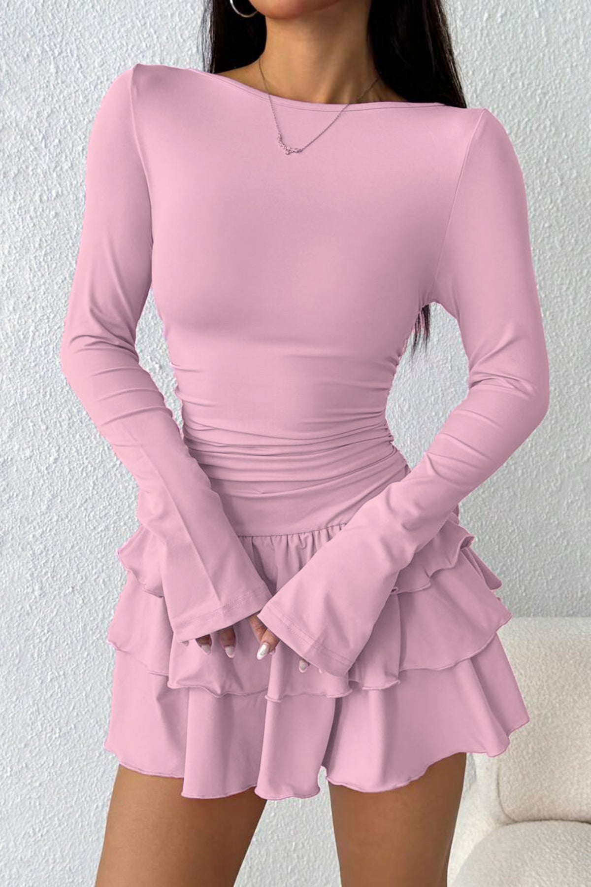 Eteği Kat Kat Volanlı Mini Elbise - Pembe - Görsel 2