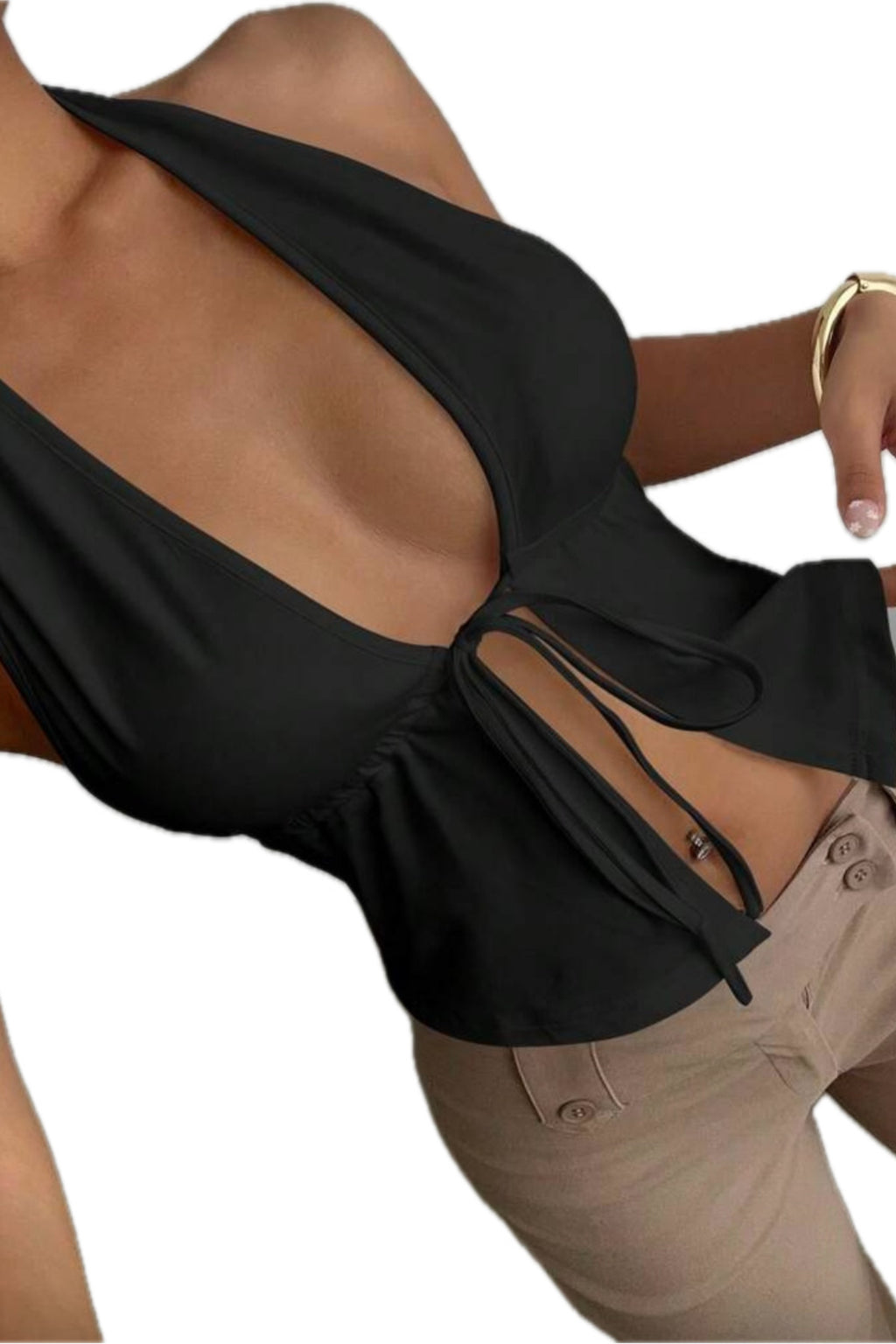 ÖNÜ BAĞCIKLI SIRTI AÇIK CROP TOP BLUZ - Siyah - Görsel 3