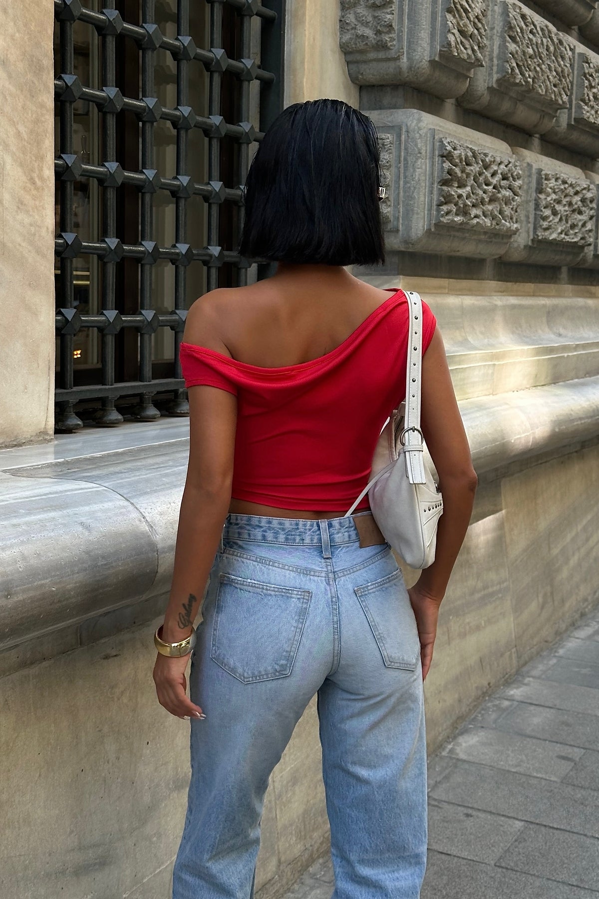 Kayık Yaka Esnek Crop Bluz - Kırmızı - Görsel 5