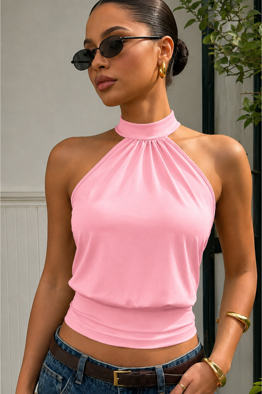Bele Oturan Bağcıklı Esnek Crop top bluz - Pembe - Görsel 3