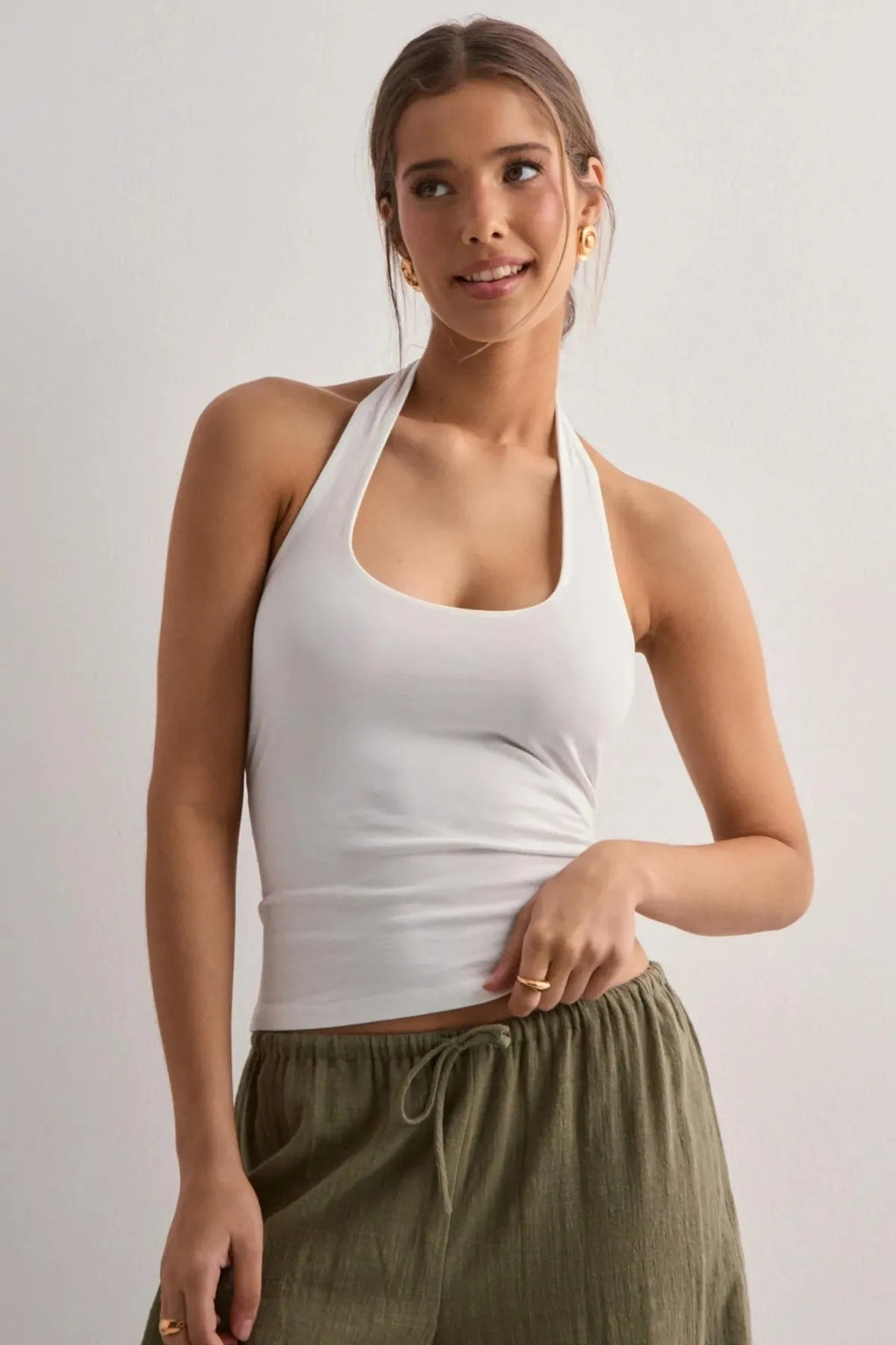 Halter Yaka Crop Top Body - Pembe Ve Beyaz - Görsel 4