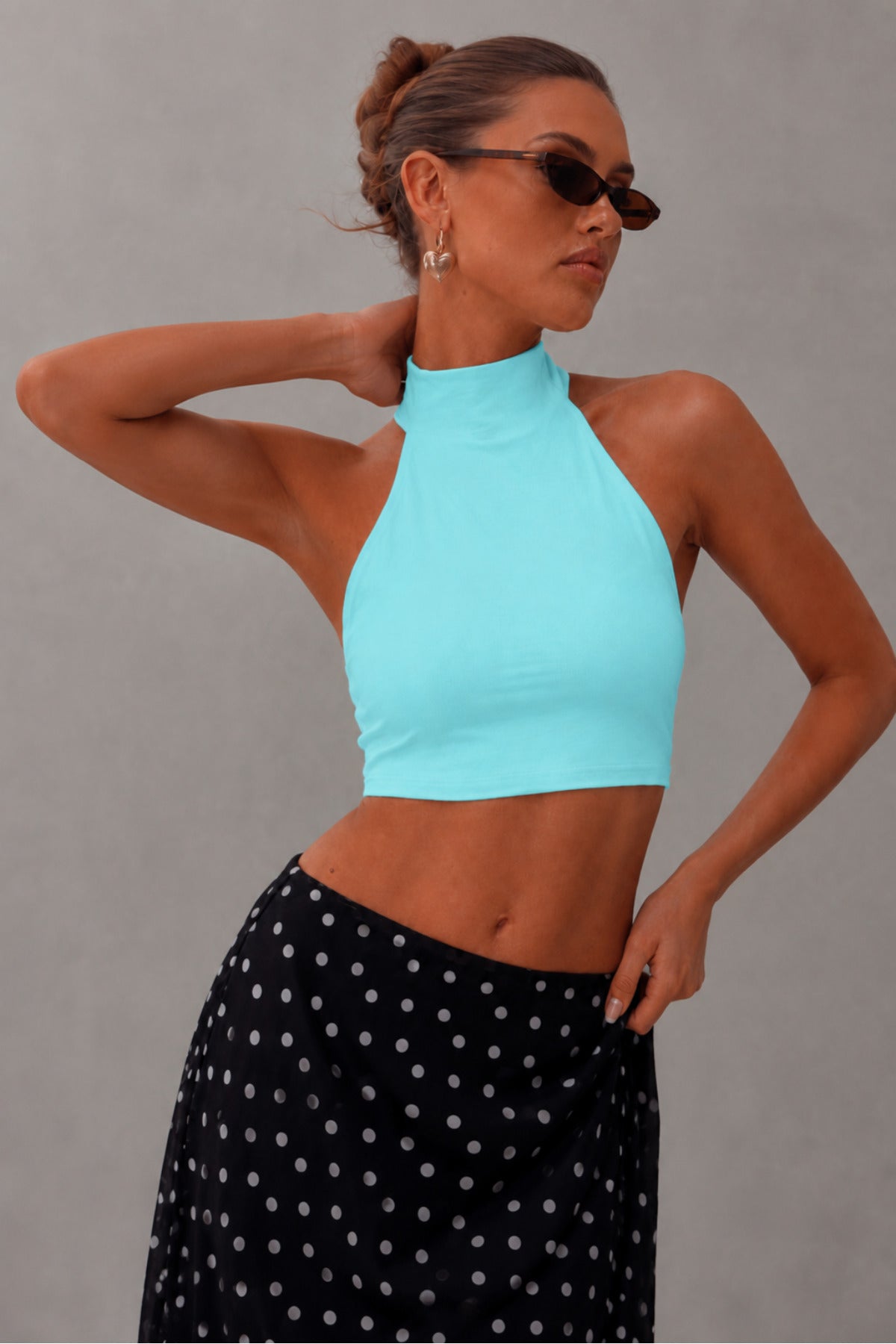 Halter Yaka Çift Kat Crop Top - Turkuaz - Görsel 2