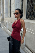9068 Boynu İpli Eteği Asimetrik Degaje Crop Bluz - Bordo - Görsel 1