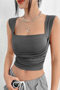 Kare Yaka Büzgü Detaylı Esnek Crop Bluz - FÜME - Görsel 1