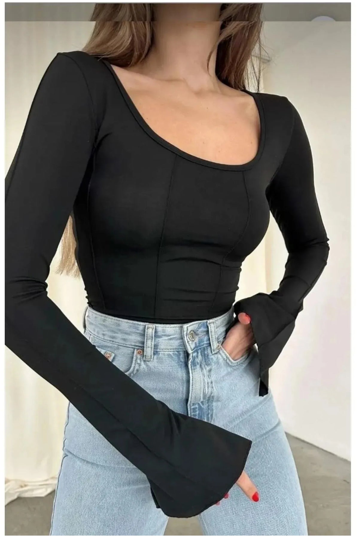 kadın Ispanyol Kol Basic Crop Top - Siyah - Görsel 3