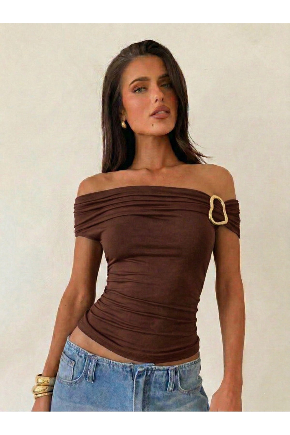 Aksesuarlı Straplez Büzgülü Esnek Bluz - Kahverengi - Görsel 1
