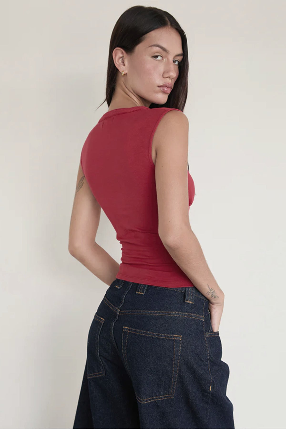 V Yaka Esnek Crop Top Bluz WFT8070B - Bordo - Görsel 3
