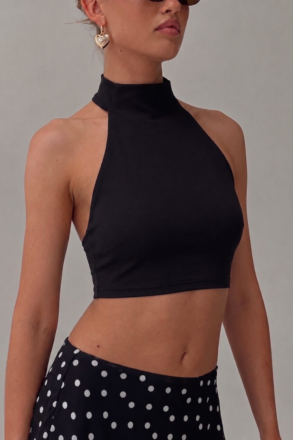 Halter Yaka Çift Kat Crop Top - Siyah - Görsel 1