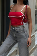 WFT4096 Askılı Kontrast Crop Bluz - KIRMIZI - Görsel 1
