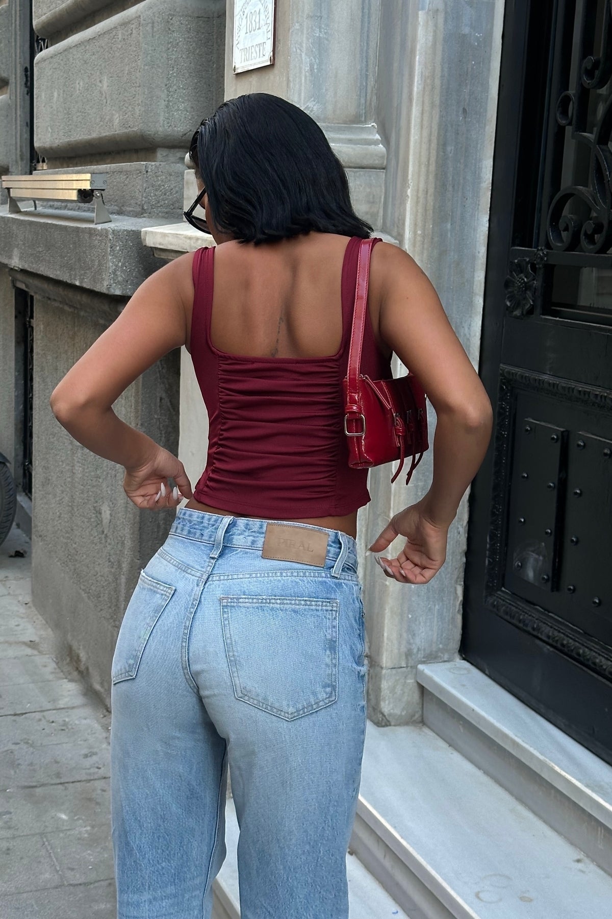 Ön ve Arkası Büzgülü Toparlayıcı Esnek Crop – Bordo - 4