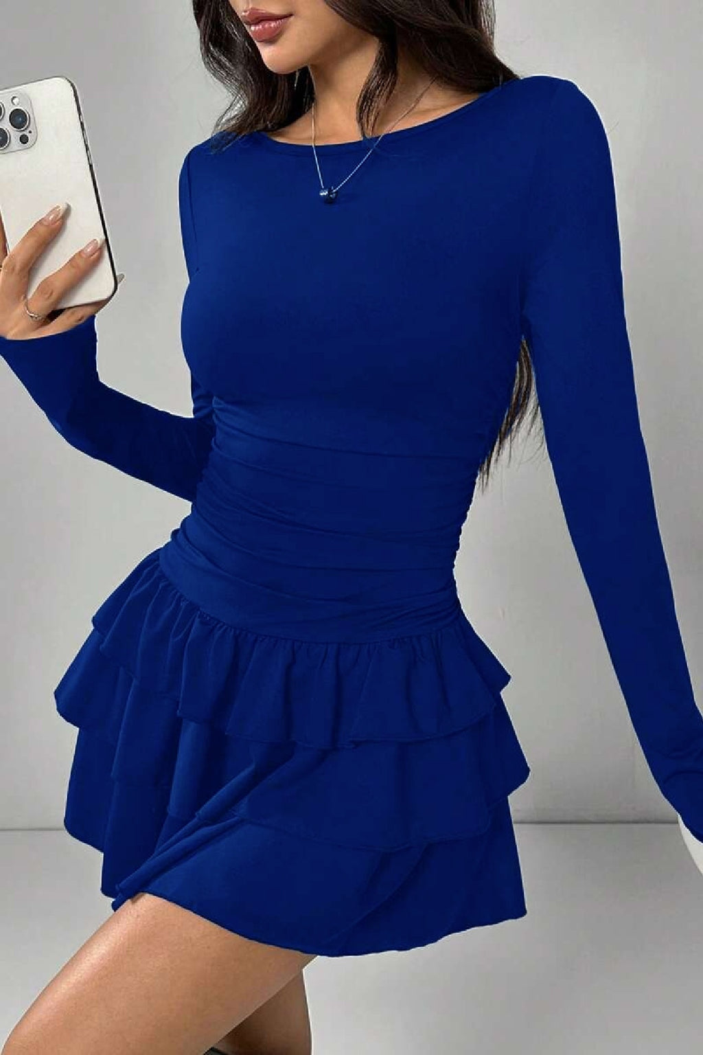 Eteği Kat Kat Volanlı Mini Elbise - Saks Mavisi - Görsel 2